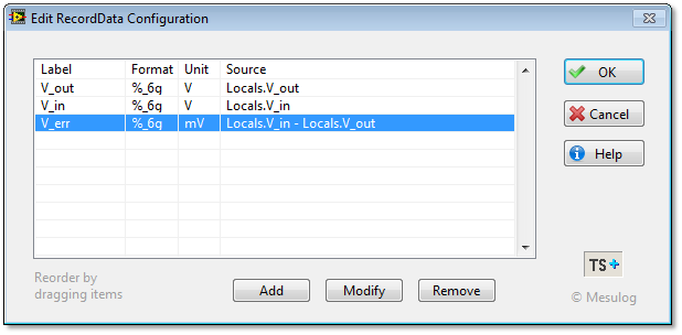 Figure 5 : Configuration d'un pas TS+ RecordData