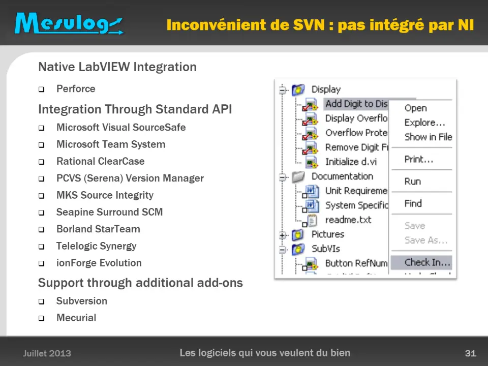 Inconvénient de SVN : pas intégré par NI – diapositive 31