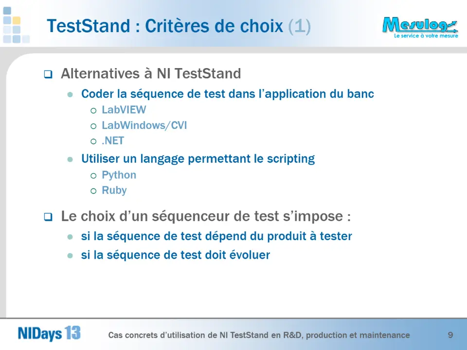 TestStand : Critères de choix (1) – diapositive 9