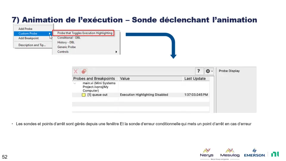 7) Animation de l’exécution – Sonde déclenchant l’animation – diapositive 52